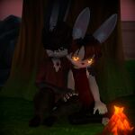  1:1 3d_(artwork) anthro areola arm_around_shoulders barefoot behelit_(berserk) berserk_(series) black_body black_fur blush bottomwear breasts brown_hair campfire cape claws clothing digital_media_(artwork) duo evening fangs feet female fur glowing glowing_eyes green_eyes grey_body grey_fur hair hand_holding hi_res kissing lagomorph leporid male male/female mammal maxkore orange_eyes outside pants pawpads paws pink_pawpads plant rabbit scar shirt shy sitting teeth toes topwear tree vrchat 