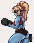  blonde_hair blush breasts butt butt_pose clothed clothing dumbbell exercise female hair hi_res league_of_legends not_furry poppy_(lol) pose riot_games solo weightlifting weights workout yordle zelles 