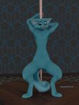  3d_(artwork) absurd_res anthro bananastheleech blue_body blue_fur digital_media_(artwork) felid female flat_chested fur green_eyes hands_behind_head hi_res inner_ear_fluff kraft_trio mammal null open_mouth pawpads paws pink_pawpads pleased pleased_expression pole presenting raised_arms slim solo spread_arms spread_legs spreading stage stripper_pole tuft white_inner_ear_fluff 