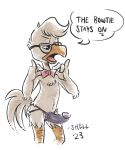  andromorph anthro avian beak bird bow_tie chest_tuft chicken clothing dialogue dildo disney ducktales ducktales_(2017) elbow_tuft english_text eyewear feathers fluffy fluffy_tail galliform gallus_(genus) genitals glasses gyro_gearloose half_lidded_eyes head_tuft intersex nude orange_beak orange_legs phasianid pink_clothing pussy scaled_legs sex_toy shellyochunks simple_background solo strapon tail tan_body tan_feathers text trans_(lore) trans_man_(lore) tuft white_background white_body white_feathers 