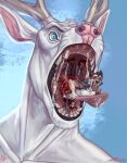  2019 anthro artist_logo black_lips black_nose blood_on_tongue blood_string blue_collar blue_eyes blue_leash bodily_fluids brown_body brown_fur canid collar dated deer drooling duo fangs fatal_vore front_view fur glistening glistening_eyes gore guts hard_vore head_tuft hi_res imminent_death in_mouth leash lips logo lying male mammal mouth_shot nude on_front on_tongue open_mouth oral_vore orange_eyes organs pink_nose red_tongue riorix saliva saliva_on_tongue saliva_string scared simple_background teeth tongue tongue_out tuft vore white_body white_fur wide_eyed 