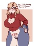  anthro cleavage_cutout clothed clothing ear_piercing ear_ring english_text eyewear female genitals glasses hi_res izzy_(kyrosh) kyrosh lipstick makeup mommy_kink partially_clothed piercing pubes pussy ring ring_piercing searching solo standing text womb_tattoo 