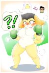  2021 absurd_res alternate_species animal_crossing anthro big_breasts black_hair blush bodily_fluids boxing_gloves breasts canid canine canis clothing crossgender digital_media_(artwork) domestic_dog feet female fusion genitals gloves gloves_only green_boxing_gloves green_clothing green_handwear hair handwear handwear_only hi_res human human_to_anthro isabelle_(animal_crossing) little_mac mammal mostly_nude mtf_crossgender navel nintendo nipples open_mouth pussy shocked short_stack simple_background slightly_chubby solo species_transformation standing sweat sweatdrop transformation white_background yellow_body yuhokyattya 