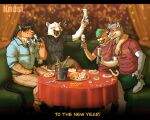  2022 alcohol anthro beverage blush bovid bovine bucket canid canine cattle champagne clothed clothing container curtains cute_expression drinking_alcohol embrace felid feline food furniture green_hair group hair hairy_arms hi_res holidays inside knest male mammal muscular new_year on_sofa open_mouth party raised_glass red_tablecloth romantic romantic_couple sitting sofa table wallpaper_(decoration) 