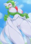  2022 areola big_breasts blue_background blush bodily_fluids breasts censored clothing curvy_figure dress female gardevoir generation_3_pokemon genital_fluids genitals green_hair hair hair_over_eye hi_res hourglass_figure humanoid looking_pleasured mosaic_censorship navel nintendo nipples one_eye_obstructed orange_eyes pink_areola pink_nipples pink_pussy pochincoff pokemon pokemon_(species) pussy pussy_juice simple_background solo sweat thick_thighs tongue tongue_out undressing white_body 