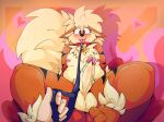  &lt;3 &lt;3_eyes 2023 5_fingers abstract_background anthro arcanine balls blush chest_tuft collar dominant dominant_pov duo fingers first_person_view fur generation_1_pokemon genitals hi_res iguanasarecool leash leg_tuft male nintendo nipples orange_body orange_fur penis pokemon pokemon_(species) solo_focus submissive submissive_male thick_thighs tongue tuft wide_hips 