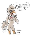  andromorph anthro avian beak bird bow_tie chest_tuft chicken clothing dialogue disney ducktales ducktales_(2017) elbow_tuft english_text eyewear feathers fluffy fluffy_tail galliform gallus_(genus) genitals glasses gyro_gearloose half_lidded_eyes head_tuft intersex nude orange_beak orange_legs phasianid pink_clothing pussy scaled_legs shellyochunks simple_background solo tail tan_body tan_feathers text trans_(lore) trans_man_(lore) tuft white_background white_body white_feathers 