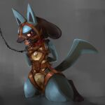 absurd_res anthro ball_gag bdsm bondage bottomwear bound bridle chain chain_leash chained clothing fadingsky gag generation_4_pokemon hands_behind_back harness hi_res kneeling leash loincloth lucario lukario male nintendo pokemon pokemon_(species) slave solo 