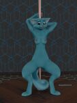  3d_(artwork) absurd_res anthro bananastheleech blue_body blue_fur breasts digital_media_(artwork) featureless_crotch felid female fur green_eyes hands_behind_head hi_res inner_ear_fluff kraft_trio mammal null open_mouth pawpads paws pink_pawpads pleased pleased_expression pole raised_arms slim solo spread_arms spread_legs spreading stage stripper_pole tuft white_inner_ear_fluff 