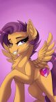  2022 aged_up chest_tuft cutie_mark digital_drawing_(artwork) digital_media_(artwork) disarrayedfay equid equine eyelashes female feral friendship_is_magic fur grin hair hasbro hi_res hooves inner_ear_fluff lidded_eyes mammal my_little_pony orange_body orange_fur pegasus purple_background purple_eyes purple_hair purple_tail quadruped raised_hoof scootaloo_(mlp) shawl simple_background smile solo tail tuft wings 