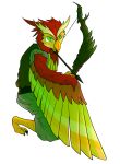  anonymous_artist anthro arrow_(weapon) avian bird bow_(weapon) brown_body brown_feathers chazster clothing feathers green_body green_eyes green_feathers hi_res light_realm light_realm:_artificial_island male owl quill_agatha_(light_realm) ranged_weapon red_body red_feathers solo tunic weapon wings yellow_body yellow_feathers 