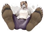  anthro barefoot bear claws clothed clothing feet foot_fetish foot_focus giant_panda hair hi_res kredri looking_at_viewer male mammal paws simple_background soles solo toe_claws toes 