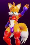  3d_(artwork) absurd_res anthro bulge canid canine clothing digital_media_(artwork) fox gesture glistening glistening_body glistening_clothing hi_res latex looking_at_viewer male mammal miles_prower sega sonic_the_hedgehog_(series) tailsltx tight_clothing waving 