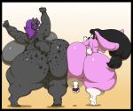 accessory anthro big_breasts big_butt black_hair breasts butt dark_grey_fur deonwolf duo ears_down eye_contact eyewear female fia_(deonwolf) fur glasses hair hair_accessory hair_tie hip_check huge_breasts huge_butt hyena hyper hyper_butt lagomorph leporid looking_at_another mammal one_leg_up open_mouth pink_body pink_fur pivoted_ears purple_hair rabbit raised_arms raised_leg rear_view shirika_(lightwolf27) smile spots spotted_body spotted_hyena thick_thighs white_body white_fur 