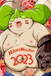  2023 anthro balls bandai_namco belly big_belly censored chinese_new_year chinese_zodiac digimon digimon_(species) gargomon genitals hi_res holidays kemono male moobs navel new_year nipples norataro one_eye_closed overweight overweight_male penis solo wink year_of_the_rabbit 
