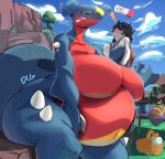  anthro basket belly belly_scales big_belly big_breasts blue_body blue_scales blush breasts clothed clothing container doncogneetoe dragon duo exclamation_point featureless_breasts female food furniture garchomp generation_4_pokemon grin hi_res huge_breasts huge_thighs human looking_at_viewer male mammal navel nintendo non-mammal_breasts overweight overweight_anthro overweight_female picnic_basket pokemon pokemon_(species) pregnancy_test pregnant pregnant_female red_body red_scales sandwich_(food) scales scalie sitting smile spikes table tail teeth thick_tail thick_thighs 