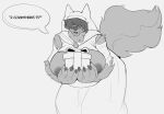  anthro areola bent_over big_breasts big_tail breasts canid canine canis claws clothed clothing dialogue exposed_breasts female fluffy fluffy_tail gift hair hair_over_eyes hi_res holding_gift holding_object mammal nipples nun nun_habit nun_outfit sharkrags solo speech_bubble tail were werecanid werecanine werewolf wolf 