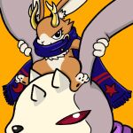  anthro antlers antylamon bandai_namco brown_body brown_fur digimon digimon_(species) duo fur horn lagomorph leporid male mammal moffmof pyontomon rabbit red_eyes scarf 