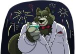  2022 anthro bow_tie canid canine clothing fireworks green_body humanoid_hands male mammal night overweight overweight_male raccoon_dog runxforest shirt solo suit tanuki topwear 