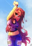 2019 anthro atryl blue_background bottomwear bracelet breasts brown_hair choker clothed clothing collaboration denim denim_clothing digital_media_(artwork) ear_piercing earth_pony equid equine eyebrows eyelashes facial_piercing female fully_clothed green_eyes hair hands_above_head hasbro hat headgear headwear hi_res horse jeans jewelry long_hair looking_at_viewer mammal midriff my_little_pony navel necklace nose_piercing outside pants piercing pony portrait pose shaded shirt signature simple_background sky smile solo standing tank_top three-quarter_portrait topwear torn_bottomwear torn_clothing torn_jeans torn_pants wick_(artist) 