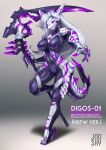  2017 5_fingers anthro black_sclera breasts clothing cybernetics cyberpunk digos digos-01 english_text evil_grin female fin fingers fish footwear genitals glowing glowing_eyes grey_background hair hi_res high_heels holding_object holding_scythe holding_weapon jooshy living_clothing machine marine markings medium_breasts multicolored_body nipples nude purple_body purple_eyes purple_markings purple_nipples purple_pussy pussy robot shadow shark sharp_teeth simple_background smile solo tail tail_fin teeth text two_tone_body weapon white_body white_hair 