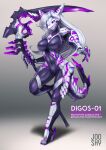  2017 5_fingers anthro black_sclera breasts clothing cybernetics cyberpunk digos digos-01 english_text evil_grin featureless_breasts featureless_crotch female fin fingers fish footwear glowing glowing_eyes grey_background hair hi_res high_heels holding_object holding_scythe holding_weapon jooshy living_clothing machine marine markings medium_breasts multicolored_body nude purple_body purple_eyes purple_markings robot shadow shark sharp_teeth simple_background smile solo tail tail_fin teeth text two_tone_body weapon white_body white_hair 