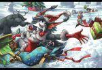  2022 anthro biped black_body black_fur blue_eyes blue_hair breasts canid canine canis christmas christmas_clothing christmas_headwear christmas_tree clothing domestic_dog ewgengster_(artist) female feral fur gift gloves grey_body grey_fur group hair handwear hat headgear headwear hi_res holidays horn male mammal multicolored_body multicolored_fur plant quadruped red_horn red_stripes santa_hat snow snowman stripes traditional_media_(artwork) tree ulyana_(darnotor) white_body white_fur 