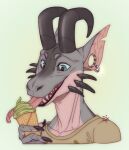  2019 anthro artist_name black_claws black_horn blue_eyes blue_sclera bust_portrait cheek_spikes claws clothed clothing dated dessert ear_piercing ear_ring eating facial_spikes finger_claws food gauged_ear glistening glistening_eyes green_background grey_body happy hi_res holding_food holding_object horn ice_cream male open_mouth piercing pink_body portrait red_tongue ring_piercing riorix simple_background solo spikes spikes_(anatomy) tongue tongue_out topwear 