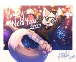  anthro bottomless canid canine clothed clothing eyewear falling fireworks fox freckles fur gingy_(gingy_k_fox) gingy_k_fox glasses grey_body grey_fur holidays hoodie mammal new_year solo text topwear 