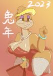  big_breasts breasts buckteeth clothing female hair hi_res huge_breasts lagomorph leporid lion_granny looney_tunes mammal patricia_bunny rabbit simple_background smile solo teeth the_looney_tunes_show warner_brothers 