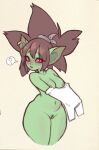  big_breasts bottomwear breasts brown_hair clothing digital_media_(artwork) ear_piercing ear_ring female genitals goblin goobie_(da3rd) green_body green_skin hair hi_res humanoid humanoid_pointy_ears looking_at_viewer mammal navel nipples not_furry notched_ear nude peachkuns piercing pubes pupils pussy red_sclera ring_piercing shirt short_stack simple_background slit_pupils solo speech_bubble topwear undressing white_clothing white_shirt white_topwear 