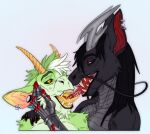  2019 anthro artist_logo black_hair black_sclera blue_background bodily_fluids cheek_tuft chin_tuft dated dragon drooling duo ear_piercing ellian facial_tuft famir_(character) fangs french_kissing fur furred_dragon gauged_ear green_body green_fur grey_body grey_fur grey_scales hair hand_on_cheek hi_res horn kissing logo long_hair male narrowed_eyes nude open_mouth orange_eyes orange_inner_ear piercing pupils red_eyes riorix saliva saliva_on_tongue scales simple_background slit_pupils teeth tuft yellow_horn 