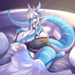  1:1 anthro areola areola_slip azure_(sniper91) barefoot bed big_breasts big_butt big_tail blue_body breasts butt clothing dragon feet female furniture grey_eyes hair hi_res horn huge_breasts huge_thighs hyper hyper_breasts kneeling mazzlerazz silver_hair smile solo thick_thighs translucent translucent_clothing 