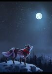  absurd_res canid canine canis coyote evergreen_tree female feral forest fullmoon hi_res illustration letterbox mammal misha_(takomishadow) mountain night painting_(artwork) pine_tree plant snow solo star takomishadow traditional_media_(artwork) tree 