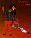  absurd_res anthro black_clothing black_dress blood_orange_(viroveteruscy) blood_stain breasts clothing crocodile crocodilian crocodylid digital_media_(artwork) dress english_text female hair hi_res non-mammal_breasts open_mouth red_body red_eyes red_hair red_scales reptile scales scalie scissor_blade solo teeth text tongue tongue_out viroveteruscy warning_cream_filled 