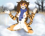  2022 5:4 anthro blue_clothing breasts brown_hair clothing eva_(noobmania) felid female fur hair long_hair mammal mostly_nude nipples nude orange_body orange_fur pantherine playing purple_eyes scarf scarf_only seff snow solo striped_body stripes tiger white_body white_fur 