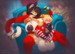  2022 4_toes 5_fingers ahoge anthro areola armwear balls big_balls big_breasts big_penis black_areola black_hair black_nipples black_penis blonde_hair blurred_background bonk breasts chair christmas clothing digital_media_(artwork) duo feet felid fingers foreskin furgonomics furniture genitals girly green_eyes gynomorph gynomorph/male hair hi_res holding_object holidays huge_balls huge_breasts huge_penis humanoid_genitalia humanoid_penis intersex intersex/male larger_anthro larger_gynomorph larger_intersex legwear licking long_hair male mammal mistletoe mostly_nude nipples oral pantherine pattern_clothing pattern_legwear penile penis penis_lick plant red_armwear red_clothing red_legwear sex short_hair signature sitting size_difference smaller_anthro smaller_male smile striped_clothing striped_legwear stripes tail_clothing text tiger toeless_legwear toes tongue tongue_out url zen_(znr) zhali 