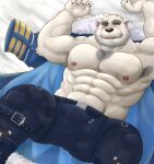  a3_lion abs absurd_res another_eidos_of_dragon_vein_r anthro bear bed blush bottomwear bulge clothed clothing eye_scar facial_scar furniture hi_res lying lying_on_bed male mammal muscular muscular_male nipples on_bed pants pecs polar_bear scar sigvaldi_(anothereidos_r) solo topless topless_male ursine 