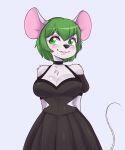  2022 5:6 animal_crossing anthro artkett1412 black_clothing black_dress black_nose blush breasts bree_(animal_crossing) chest_tuft cleavage clothed clothing dress eyelashes female green_eyes green_hair hair hands_behind_back hi_res mammal mouse murid murine nintendo rodent short_hair simple_background smile solo tuft 