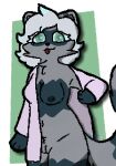  absurd_res alpha_channel anthro areola blep breasts cheek_tuft chubby_female clothing coat domestic_ferret facial_tuft female femlumi(fylumi) flashing fluffy fluffy_tail footprint fylumi genitals green_eyes grey_body hair hi_res hybrid lab_coat leg_markings mammal markings mustelid musteline neck_tuft nipples nude pawprint pink_clothing pink_underwear procyonid pussy raccoon shaded simple_background simple_coloring simple_shading slightly_chubby solo solo_focus tail thigh_markings tongue tongue_out toony topwear true_musteline tuft underwear weasel white_hair 