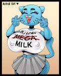  absurd_res astral_girl bottomwear cartoon_network clothing english_text felid feline female hi_res mammal mega_milk meme nicole_watterson nipple_outline skirt smile solo text the_amazing_world_of_gumball 