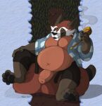  anthro balls big_balls bottomwear brown_body canid canine clothed clothing digital_media_(artwork) facial_markings foreskin front_view fur genitals head_markings hi_res holding_object huge_balls humanoid_genitalia hyper hyper_balls hyper_genitalia long_foreskin looking_at_viewer male mammal markings mccoy-oni multicolored_body multicolored_fur open_bottomwear open_clothing open_pants overweight overweight_male pants pawpads paws penis pipe raccoon_dog robe screencap screencap_background sillywerwolf sitting slightly_chubby smoke smoking_pipe solo tanuki thick_penis tight_foreskin vampire_survivors 