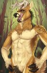  2019 adrenalinedradge2 anthro antlers artist_name black_nose brown_body brown_eyes brown_fur crotch_tuft dated deer featureless_crotch fur glistening glistening_eyes half-length_portrait hand_on_hip hi_res horn licking licking_lips licking_own_lips looking_at_viewer male mammal muscular muscular_anthro muscular_male navel neck_tuft nude obliques open_mouth plant portrait riorix self_lick serratus solo standing tan_body tan_fur teeth tongue tongue_out tree tuft white_antlers 