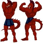  5_toes abs absurd_res alpha_channel anthro bottomwear butt clothed clothing dragon feet hercules_(1997) hi_res humanoid male memnon model_sheet muscular muscular_male raised_bottomwear raised_clothing raised_skirt red_body red_skin skirt solo sparksstars toes 
