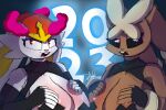  2023 3:2 breasts cinderace clothing duo female generation_4_pokemon generation_8_pokemon gigantamax_cinderace gigantamax_pokemon hi_res holding_breast holidays llama_davv looking_away mega_evolution mega_lopunny new_year new_year_2023 nintendo pokemon pokemon_(species) 