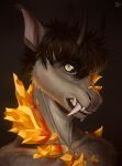 2019 anthro artist_logo big_fangs black_horn black_sclera body_horror brown_hair bust_portrait cheek_tuft dated facial_tuft front_view fur green_eyes grey_body grey_fur hair hi_res horn logo looking_at_viewer male messy_hair nude portrait pupils riorix short_hair simple_background slit_pupils solo species_request tuft 
