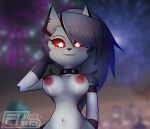  2022 anthro areola armwear big_breasts bite biting_lip black_armwear black_body black_clothing black_elbow_gloves black_fur black_gloves black_handwear black_nose black_pupils blurred_background blush breasts canid canid_demon cheek_tuft clothed clothing collar curvy_figure demon digital_media_(artwork) ear_piercing ear_ring elbow_gloves eyebrow_piercing eyelashes facial_piercing facial_tuft female fireworks fkimnsfw front_view fur glistening glistening_eyes gloves grey_body grey_fur grey_hair hair hair_over_eye hand_behind_head handwear hellhound helluva_boss hi_res holidays hourglass_figure long_hair looking_at_viewer loona_(helluva_boss) mammal mostly_nude multicolored_body multicolored_fur navel new_year nipples one_eye_obstructed partially_clothed piercing pink_areola pink_nipples pupils red_sclera ring_piercing shoulder_tuft slit_pupils smile solo spiked_collar spikes topless tuft watermark white_body white_eyes white_fur 