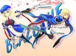  1boy 1girl arc_system_works bare_shoulders beret blazblue blazblue:_calamity_trigger blonde_hair detached_sleeves female gloves green_eyes gun hat jin_kisaragi katana kisaragi_jin long_hair male necktie noel_vermillion noran red_ribbon ribbon short_hair sword thighhighs weapon 