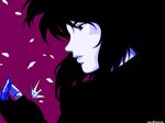  close-up face fingerless_gloves ghost_in_the_shell ghost_in_the_shell_stand_alone_complex gloves hands highres kusanagi_motoko lips monochrome origami paper_crane petals profile short_hair simple_background solo wallpaper watermark 