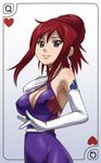  1girl alternate_hairstyle awa blush breasts cleavage dress erect_nipples erza_scarlet fairy_tail grey_eyes large_breasts long_gloves red_hair solo tattoo 